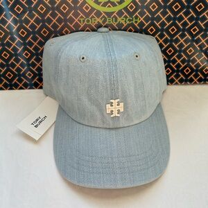 Tory Burch Logo Cap Hat Blue Denim Silver